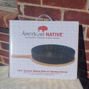 NWOT Black Ceramic Baking Dish with Bamboo Server